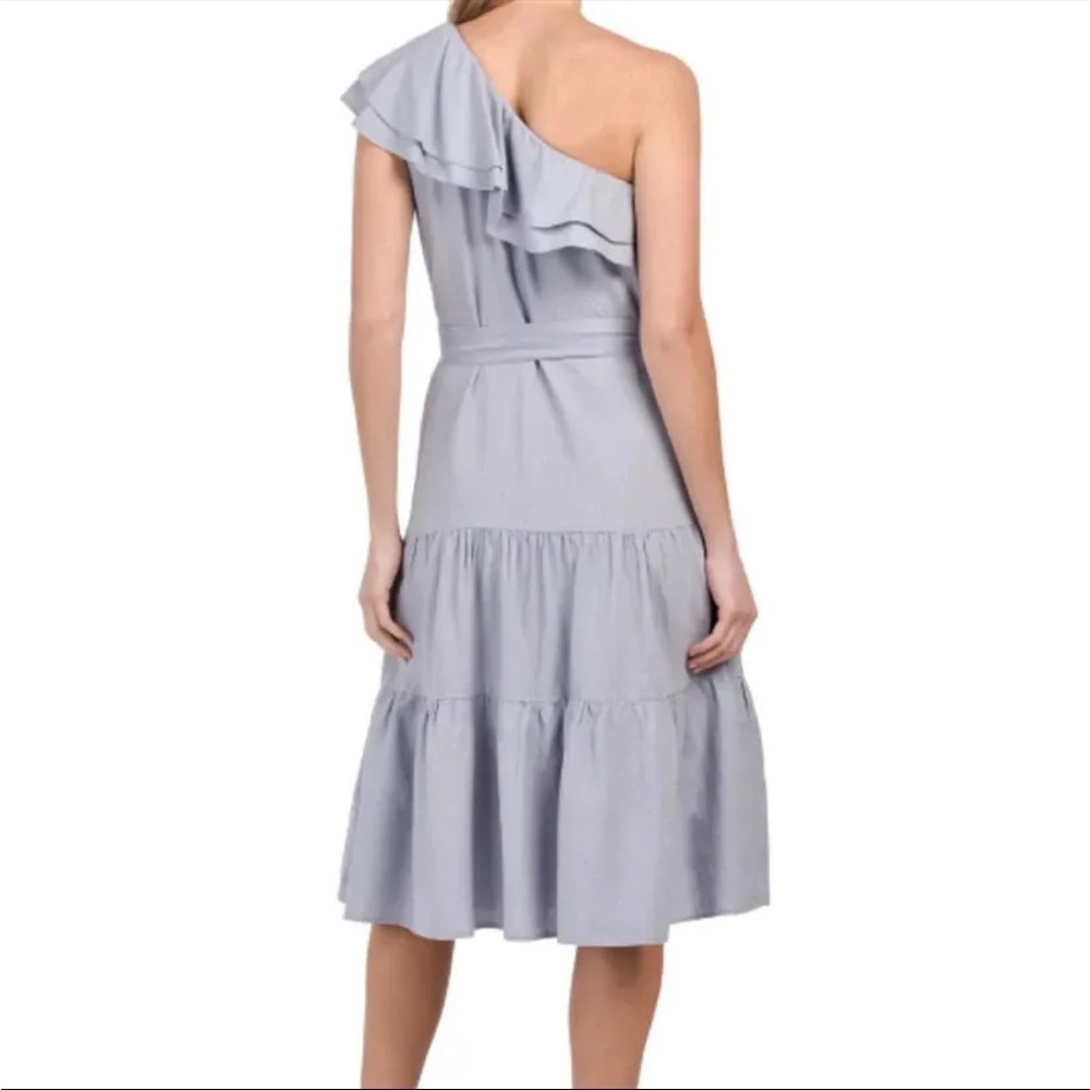 Nicole Miller Linen One Shoulder Ruffle Fit and Flare Dress Size Large - Picture 3 of 12